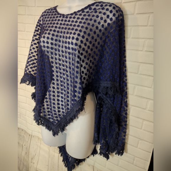 Free People Navy Embroidered Poncho With Crochet Trim - Picture 3 of 8